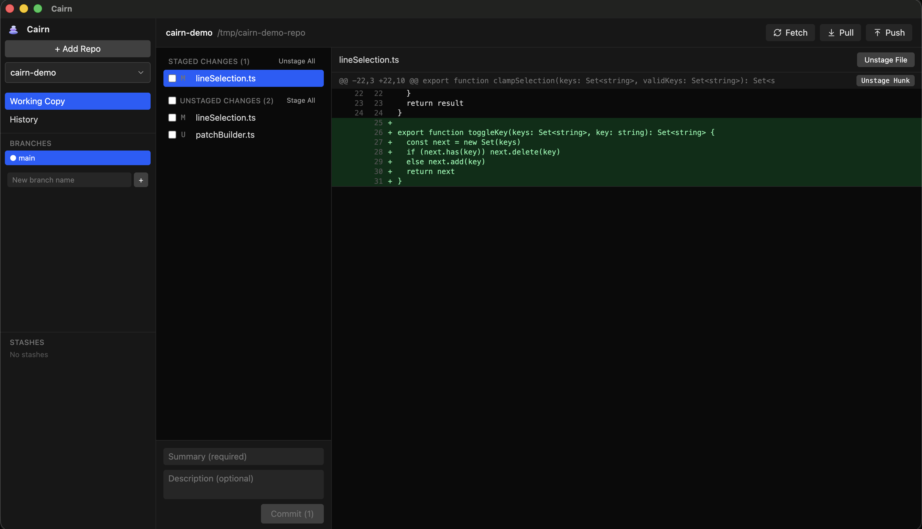 Cairn's Working Copy view showing line-level staging